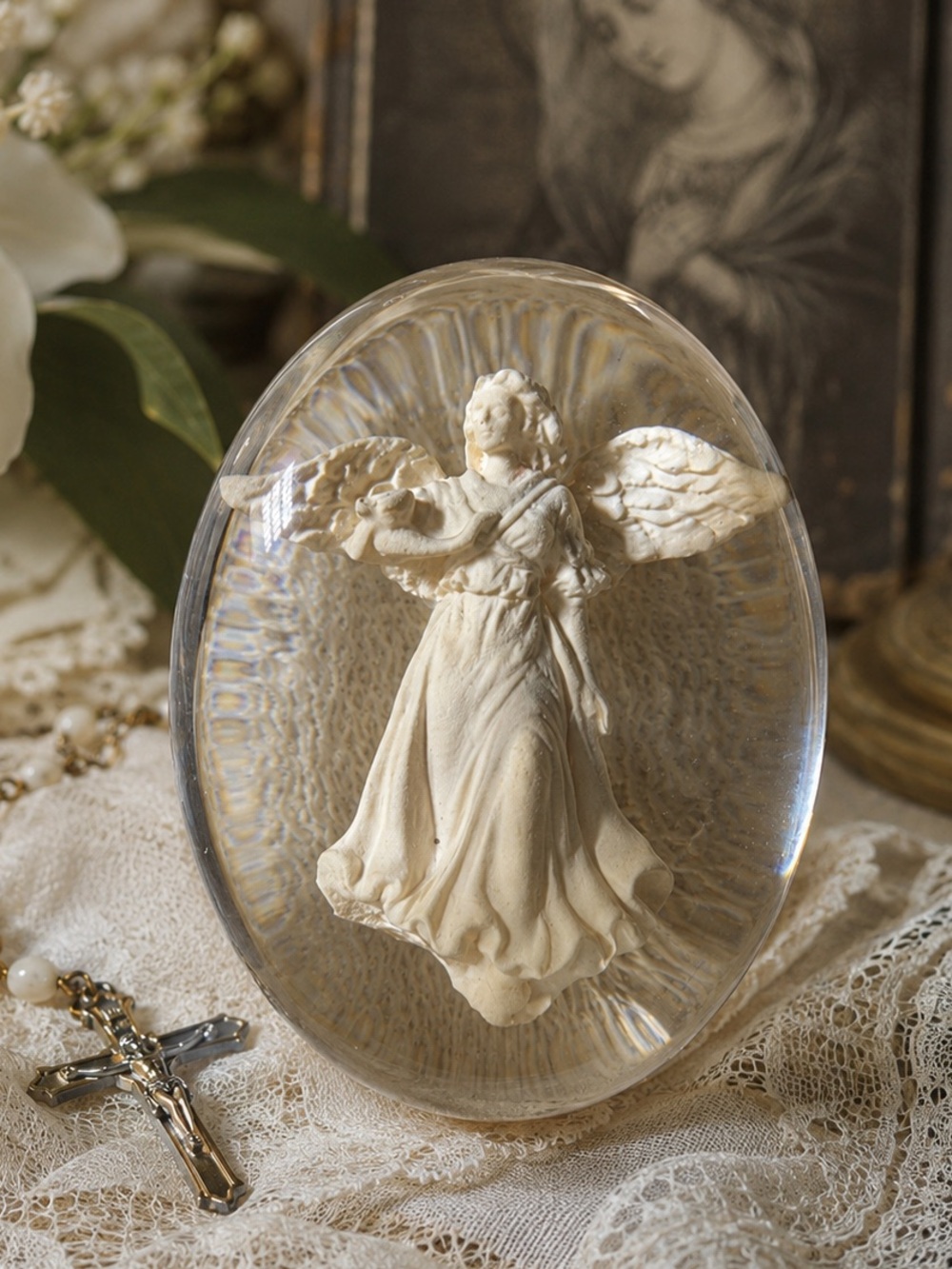 Estate Smooth, Translucent Weight Cream Angel Sculpture Paperweight Resin 2”
